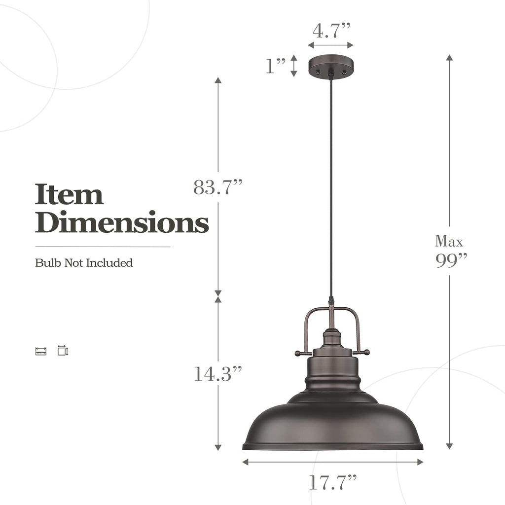 2 Pack Large Kitchen Pendant Lights 17.7 Inch, Farmhouse Industrial Metal Dome Pendant Light, Oil Rubbed Bronze