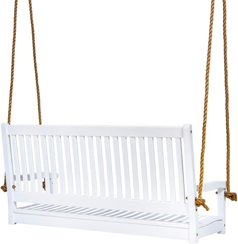 Hayden 5 Foot White Porch Swing with Ropes - Outdoor Bench Swing Crafted from Naturally Weather-Resistant Acacia Wood