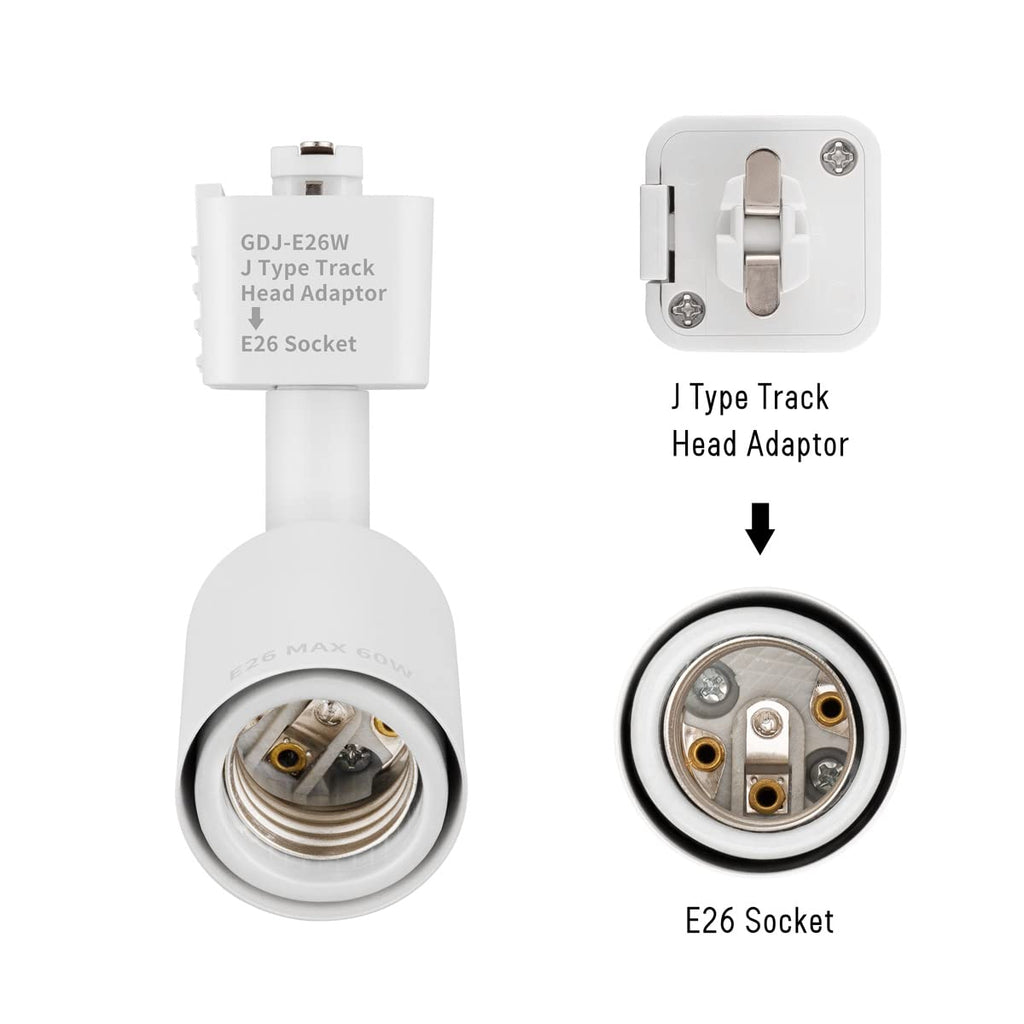 J Type Track Lighting Head to E26 Medium Screw Base Adapter Light Direction Adjustable Pack of 12 (White)