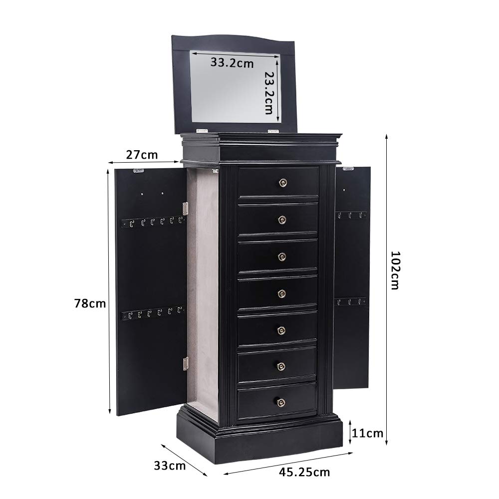 Standing Jewelry Armoire with Mirror, Large Jewelry Cabinet with 7 Drawers, 2 Side Doors with 24 Necklace Hooks