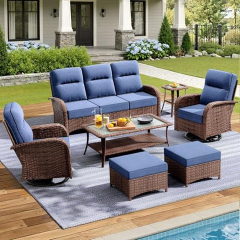 7-Piece Outdoor Patio Furniture Set - Swivel | Blue All-Weather Resistant with Thick Cushions for Patio, Garden & Porch