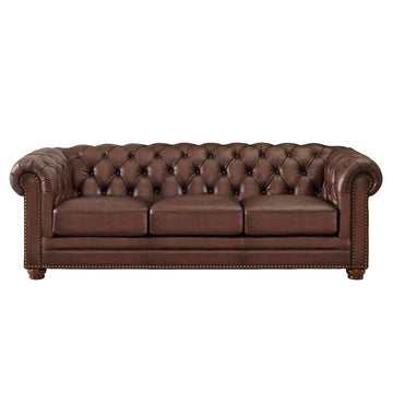 Aliso Top Grain Leather Chesterfield Sofa Couch, 91", Caramel Brown, Feather Down, Memory Foam and Springs Seating
