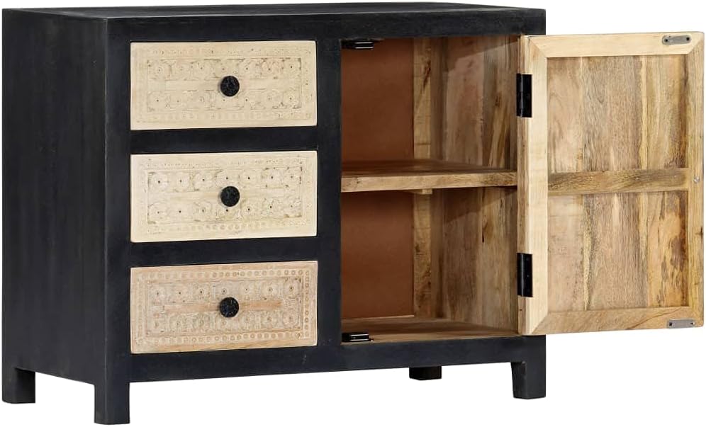 Hand Carved Side Cabinet, Solid Mango Wood Accent Storage Chest with 3 Drawers and 1 Door, Decorative Bedside