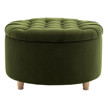 Knight 28-Inch Large Round Pintucked Storage Ottoman with Lift-Off Lid, Tufted Upholstered Accent Footrest, Hidden