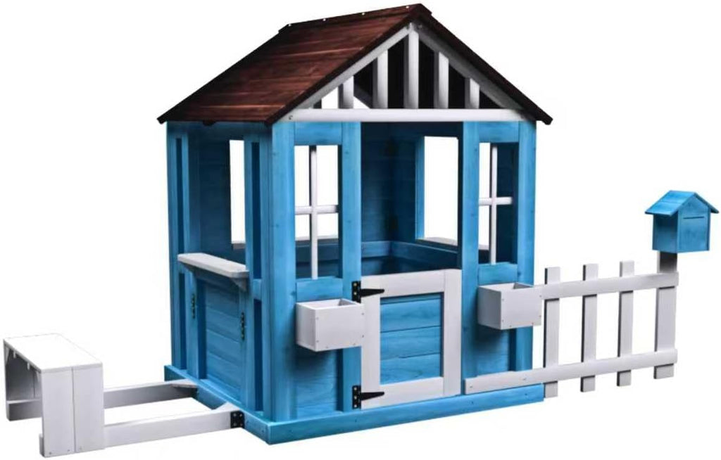 Playhouse foe 3-6 Ages Boys Girls, Wooden Playhouse with Bench Fence Windows Flowerpot Holders & Snack Window, Solid