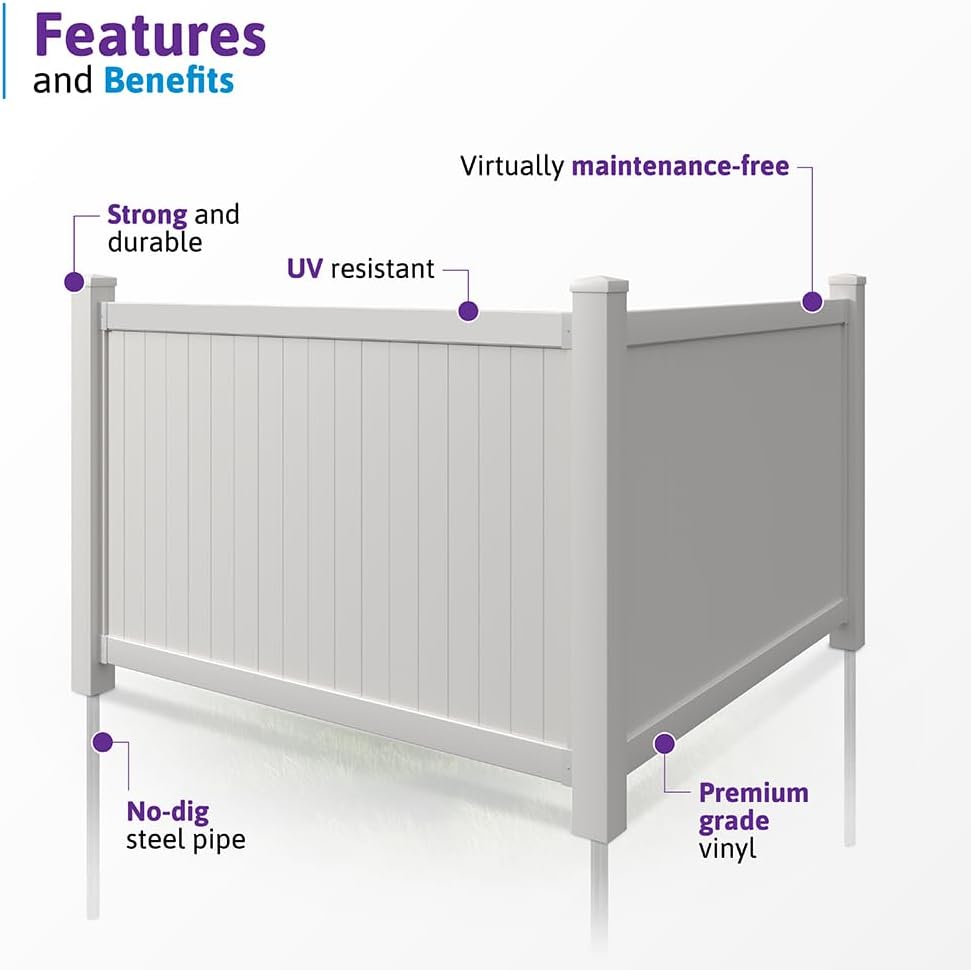 Westport White Vinyl No Dig Privacy Fence Kit | 4ft H x 6ft W, 1 Panel + 1 Post, BL19105