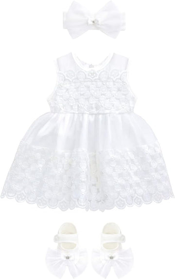 Baby Girl Lace Tulle Sleeveless White Wedding Dress 3 Piece Outfit