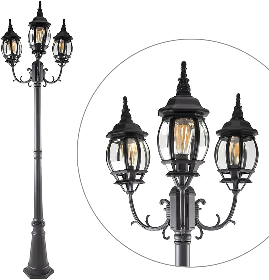 LED Outdoor Post Light with Triple-Head, Hardwired Vintage Street Lights for Lawn Patio Yard Pathway Garden Black