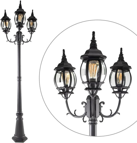LED Outdoor Post Light with Triple-Head, Hardwired Vintage Street Lights for Lawn Patio Yard Pathway Garden Black