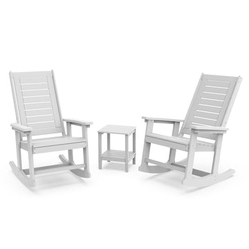 Outdoor Rocking Chairs Set, 2 Rockers w/ 1 Side Table, White