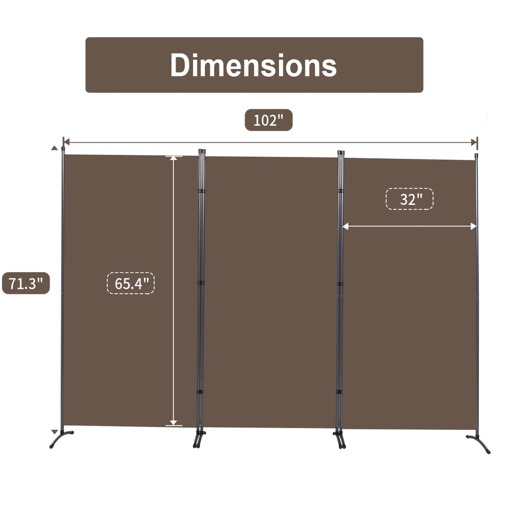 3 Panel Folding Room Divider, 102" Wx71.3 H Portable Privacy Screen, Brown