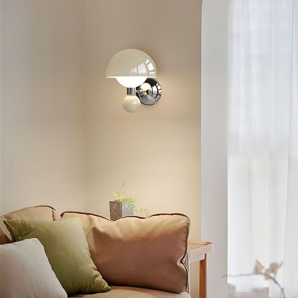 Modern Mushroom Wall Sconce, Minimalist Cream White Glass Globe Lamp, Chrome LED Bedside Lighting, Aesthetic Wall