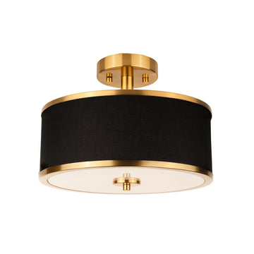 3-Light Semi Flush Mount Ceiling Light Fixture, 12.6" Gold Drum Light with Black Fabric Shade, Modern Close to