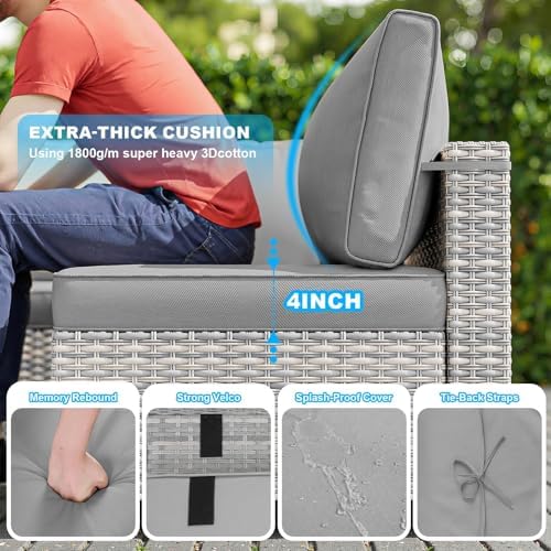 7-Piece Wicker Outdoor Patio Furniture Set | Grey All-Weather Resistant with Thick Cushions for Backyard, Garden & Porch