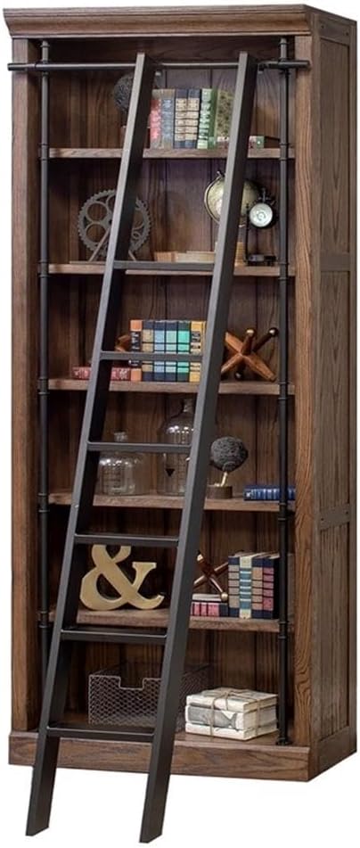 Avondale 120" W Contemporary Wood Bookcase Wall with Ladder Storage Organizer Display, 5 Adjustable Shelves