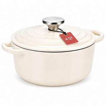 4QT Enameled Cast Iron Dutch Oven Pot with Lid, White