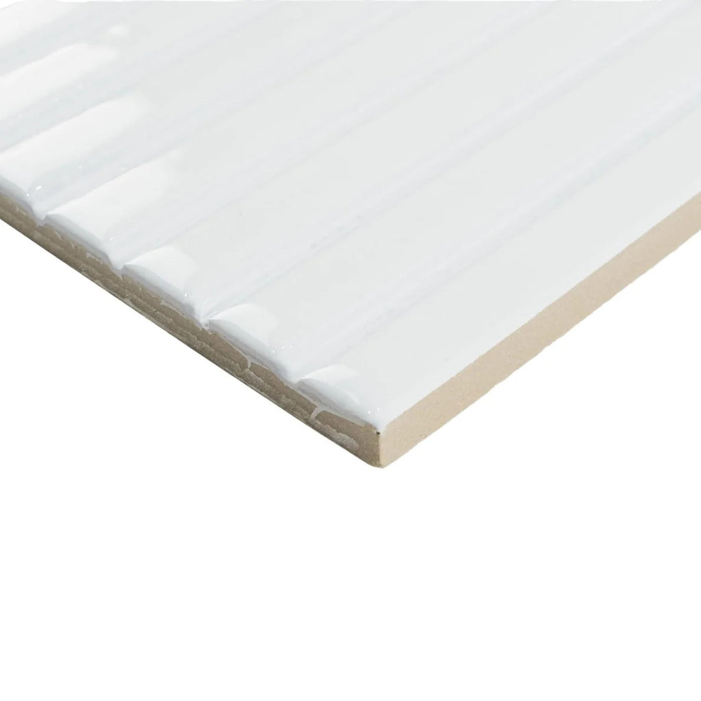 Scandia Glossy White 4.5x9 Ribbed Porcelain Wall Tile, 3D KitKat Fluted Decorative Tile Backsplash, Bathroom, Shower