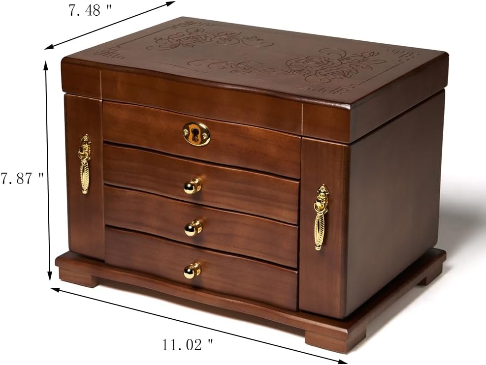 Wooden Jewelry Box for Women, Solid Wood Jewelry Organizer with Mirror and 3-Drawer, Ring,Necklacel,Vintage Style