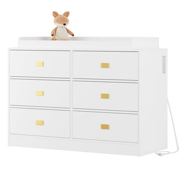 Dresser with 6 Drawers, Changing Table Dresser with Power Outlets, Soft Changing Pad & Removable Top, Baby Dresser