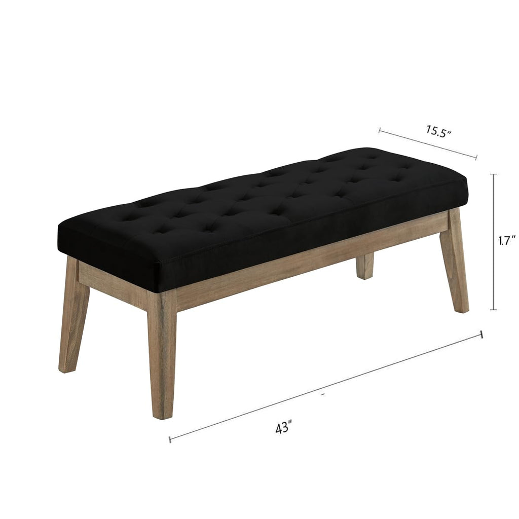 Velvet Upholstered Buttons Tufted Entryway Bench with Solid Wood Leg, Bed Bench Ottoman with Padded Seat, 5034-Black