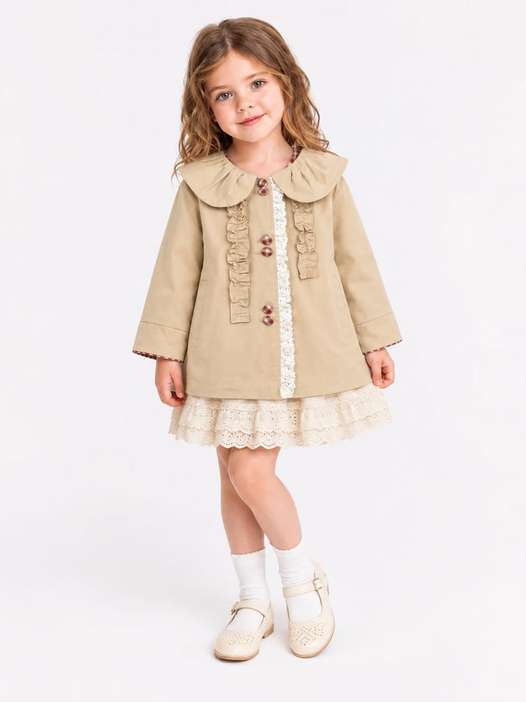 Girls Peter Pan Collar Jacket Plaid Accents Lace Ruffle Trim Button Jackets