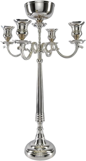 Silver Candelabra with Bowl – Elegant Nickel Finish, 4 Candle Holders & Floral Arrangement Bowl, Weddings, Events &