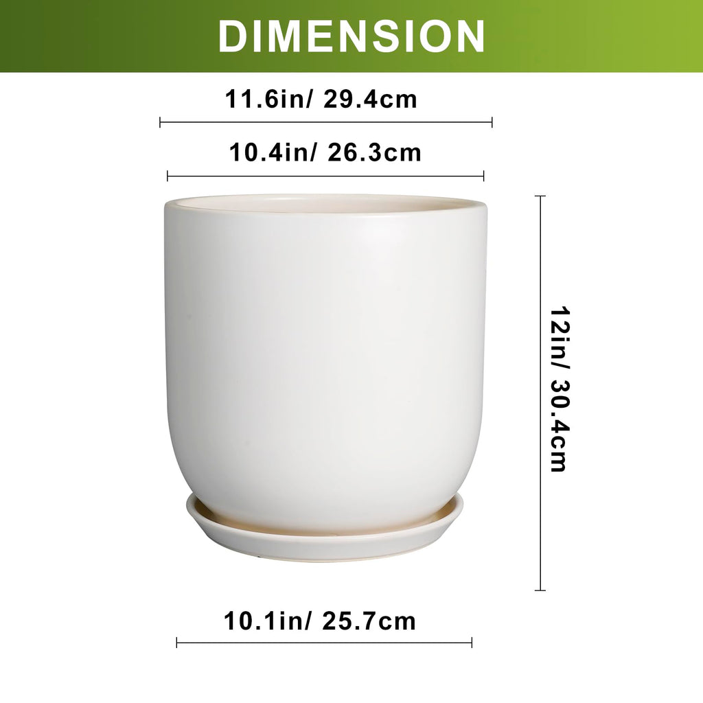 Plant Pot 12 inch - Ceramic Pot for Plants Indoor Outdoor Large Planter Pot with Drainage Hole and Saucer Mid-Century