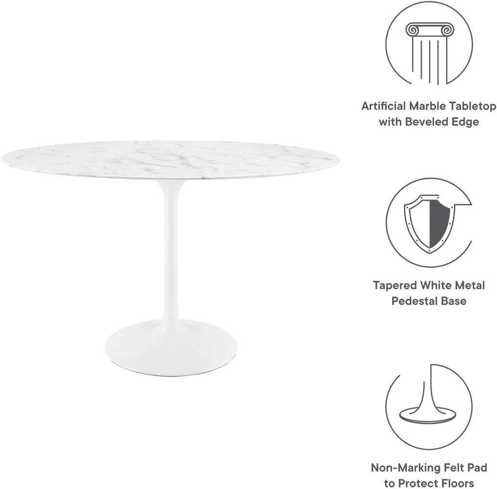 Lippa 48" Oval-Shaped Mid-Century Modern Dining Table with Artificial Marble Top and White Base