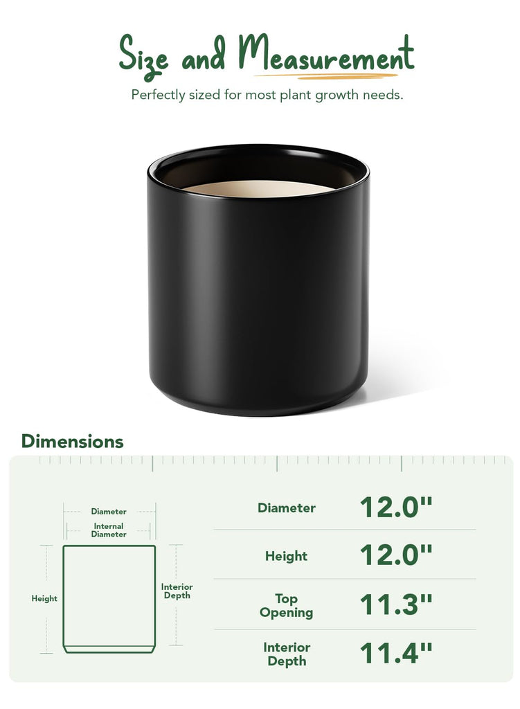 12 Inch Pot for Plants, Ceramic Indoor Planter, Black