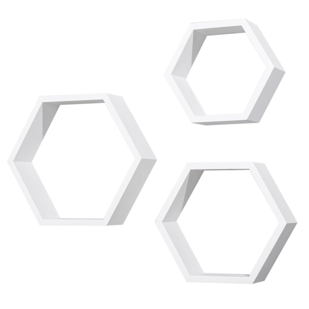 Hexagon Floating Shelves Set of 3, White Engineered Wood Wall Mounted Display Shelves, Modern Honeycomb Wall Decor