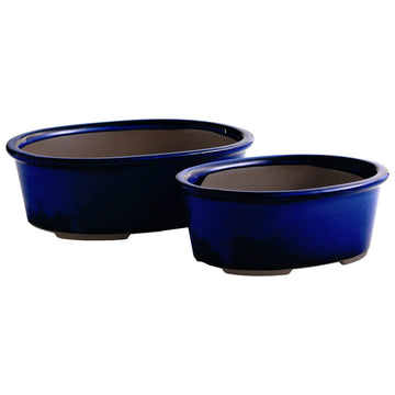 Bonsai Pot Set of 2, Blue Glazed Handmade Japanese Pots, 2 Sizes