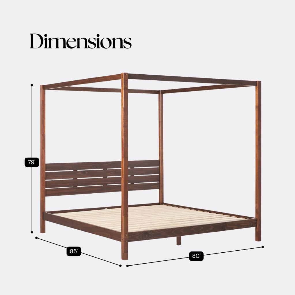 Solid Pine Canopy Bed Frame, King - Walnut Finish