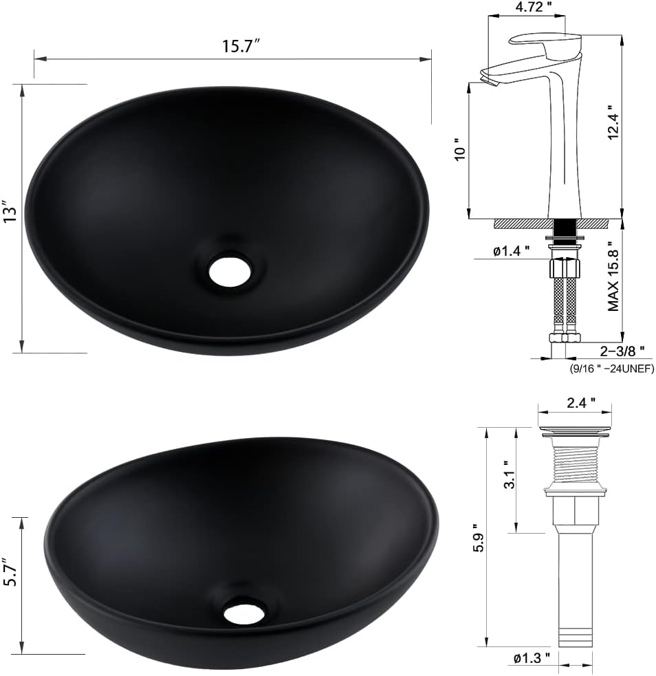 Oval Black Vessel Sink with Faucet and Drain Combo -Bokaiya 16x13 Ceramic Bathroom Sink Above Counter Vessel Oval