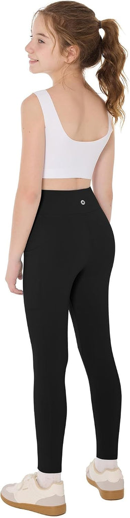 Girls Athletic Leggings with Pockets Kids High Waisted Dance Pants Yoga Workout Running Cheer Gymnastics Tights