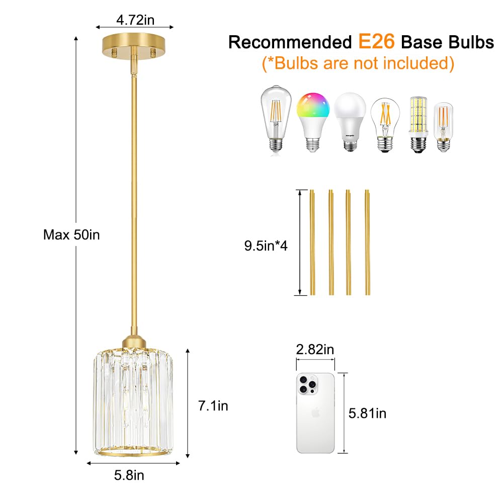 Brushed Gold Kitchen Pendant Lights Over Island with Adjustable Rods - Crystal Pendant Lighting Fixtures for Sloped