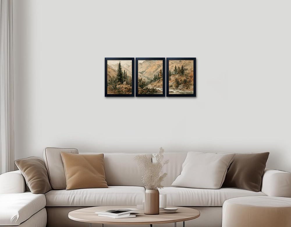 Framed Landscape Mountain Painting Autumn Forest Wall Art 3 Piece Nature Canvas Print Vintage Fall Picture Artwork