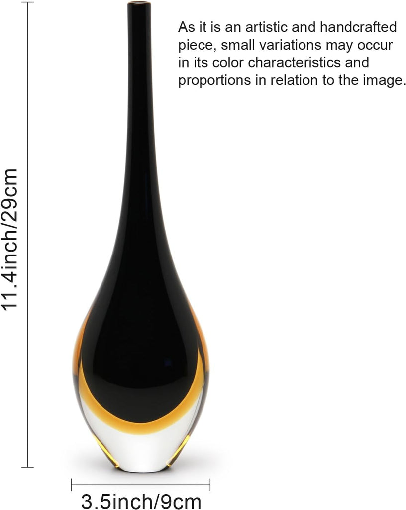 Murano Style Art Glass Drop Vase Hand Blown Black and Amber Home Decor