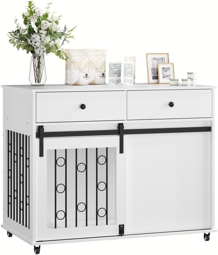 Dog Crate Furniture Wooden Dog Crate Pet Kennel - Dog Cage End Table, Sliding Barn Door, Lockable Wheels, White