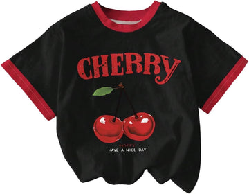 Girl's Cherry Graphic Tees Colorblock Aesthetic Cute Summer Tops