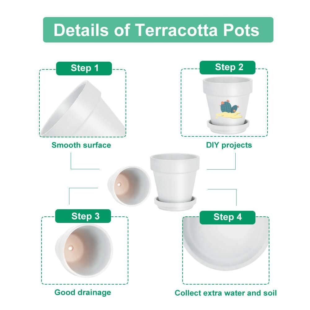 8 Inch White Terracotta & Clay Pots with Saucer, 2 Pack
