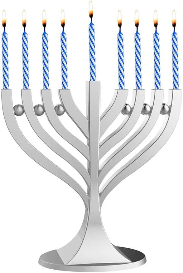 Zion Judaica Mini Classic with Mini Birthday Size Hanukkah Candles - Satin Silver Small Travel Minorah with 44 Blue