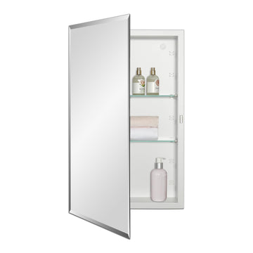 Bathroom Medicine Cabinet with Beveled Edge Mirrored Door 16 x 26 inch, Recessed or Surface Mount, with Adjustable