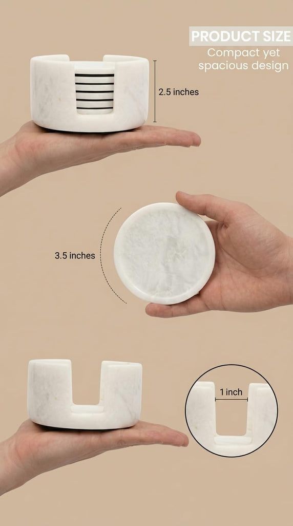 Marble Coasters with Holder, 3.5 Inch Round Drink Coasters for Tabletop and Coffee Table Decor, White - Set of 6