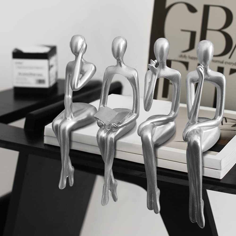 Silver Accent Decor Thinker Statuem, Statues Decorations Abstract Sitting Thinker Desk Sculpture Table Decor 4 Piece