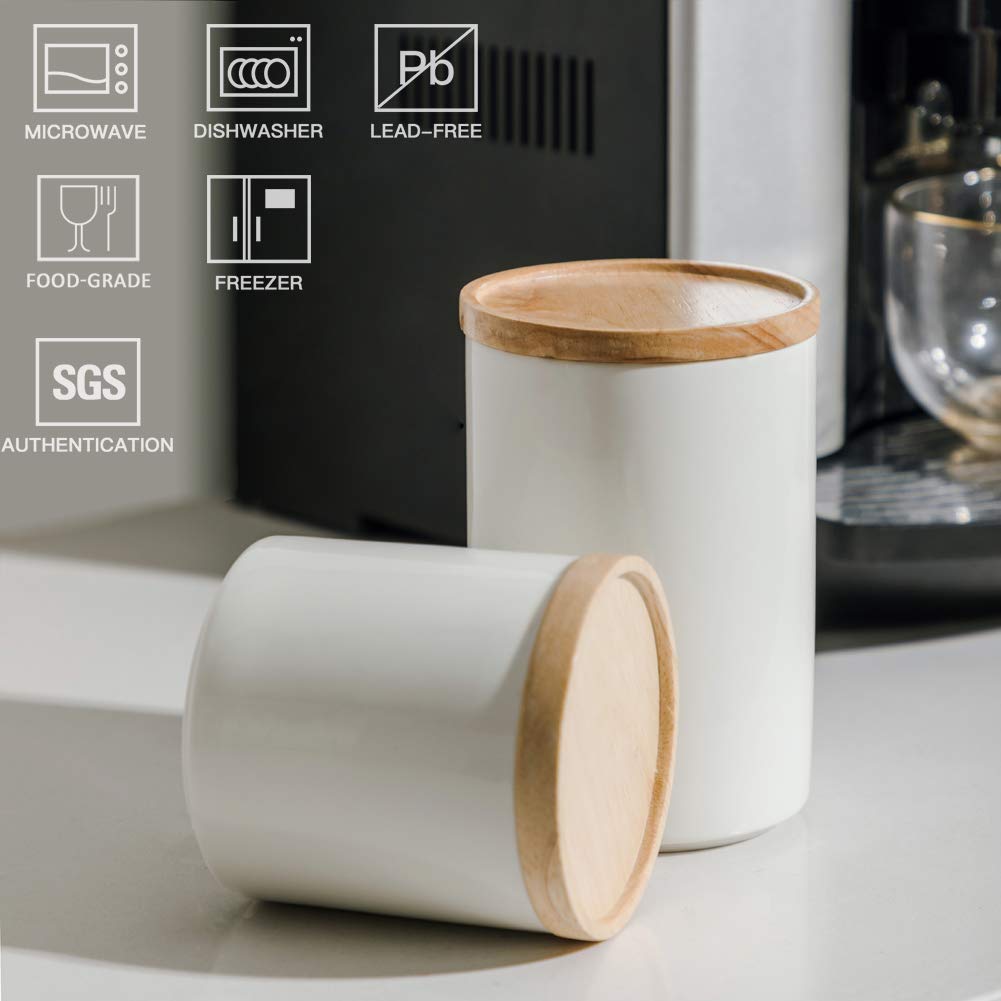 Kitchen Canisters Ceramic Food Storage Jar, Stackable Containers with Airtight Seal Wooden Lid for Serving Ground