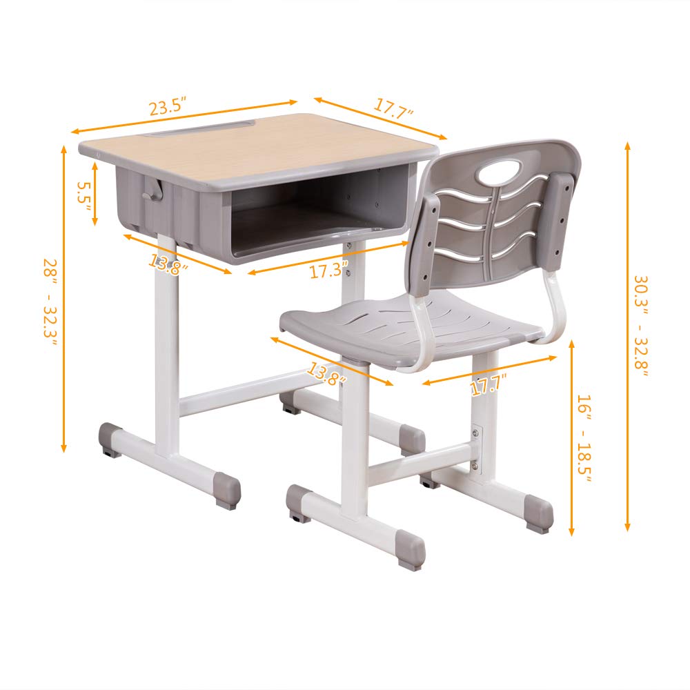 Student Desk and Chair Combo, Height Adjustable Children's Desk and Chair Workstation with Drawer, Pencil Grooves and