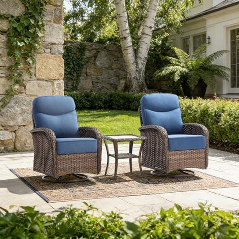 3-Piece Wicker Outdoor Patio Furniture Set - Swivel | Brown with Thick Cushions for Patio, Garden & Porch
