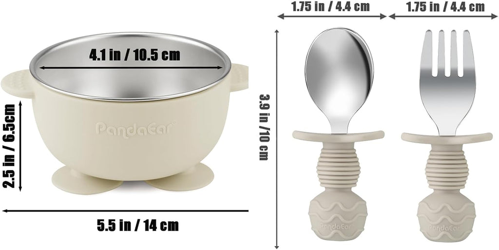 8PCS Baby Feeding Set | Stainless Steel Suction Plates and Bowls with Silicone Fork and Spoon Utensils | Baby Led