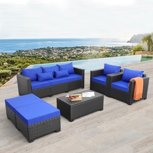 6-Piece Wicker Outdoor Patio Furniture Set - Conversation | Blue for Patio, Garden & Porch