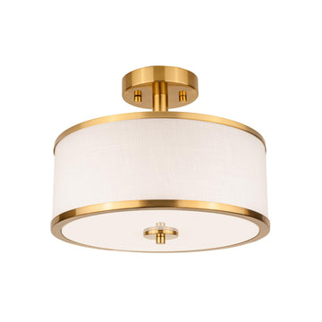 3-Light Semi Flush Mount Ceiling Light Fixture, 12.6" Gold Drum Light with White Fabric Shade, Modern Close to